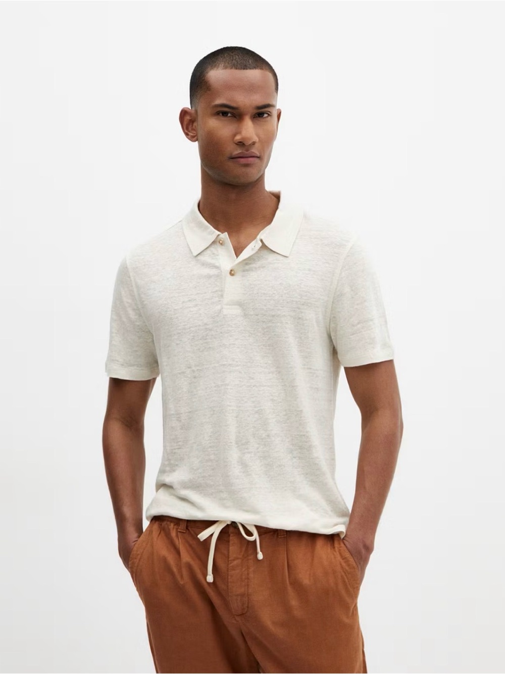 MNG 100% Linen Polo Men’s L Slim Short Sleeve Vacation Top Resort Wear Casual